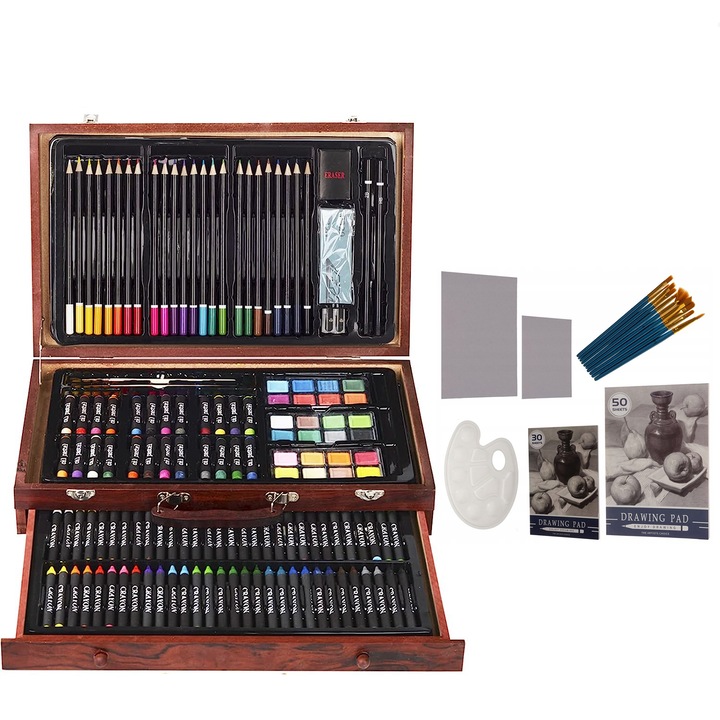 Set pictat si desen, Zola®, gentuta depozitare din lemn, 2 blocuri de desen, 128 piese, 23.5 x 38 x 8 cm