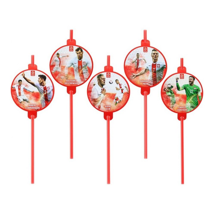 Комплект от 5 броя сламки за пиене с медальон, футболен модел