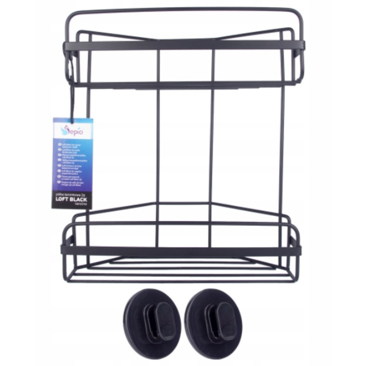 Etajera baie dubla, neagra, din otel, prindere cu ventuze, dimensiuni 26 x 30,3 x 14,5 cm, Sepio