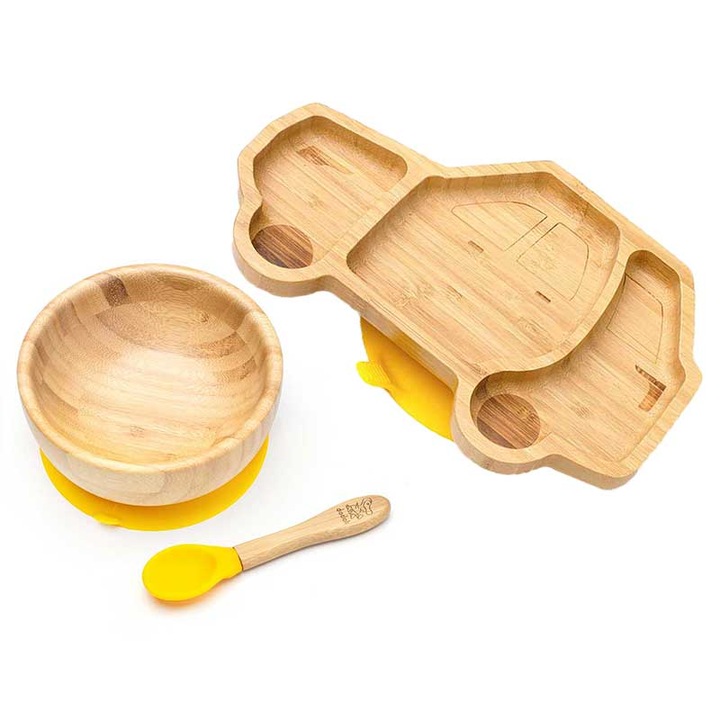 Set diversificare cu bol, farfurie si lingurita din bambus, Dodoli, Masinuta & Rotund, Galben