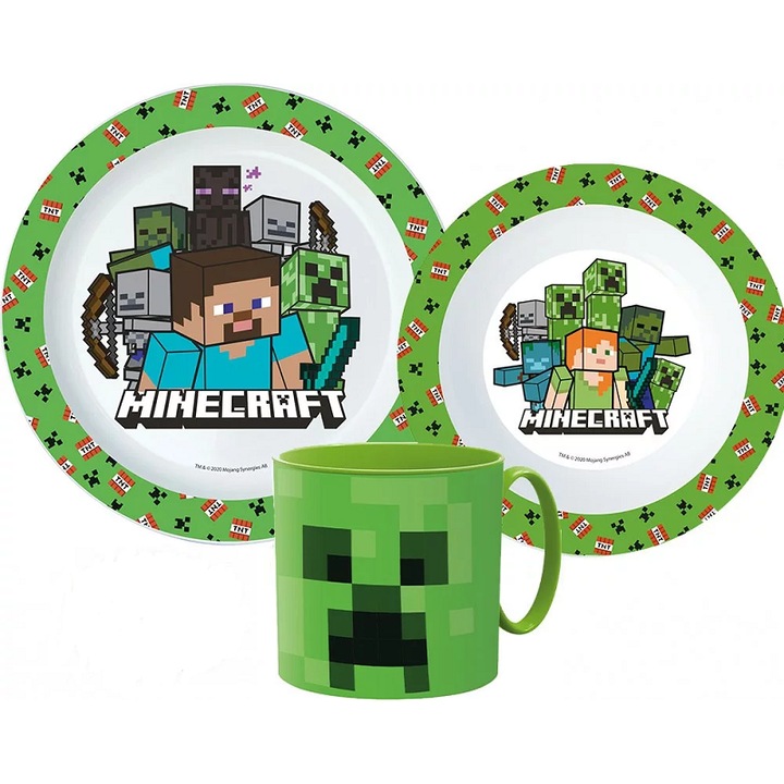 Set mic dejun 3 piese Minecraft, Microunde, farfurie, bol si cana