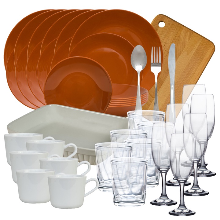 Set complet cu farfurii, Design Elegant, 56 piese, Maro Caramiziu