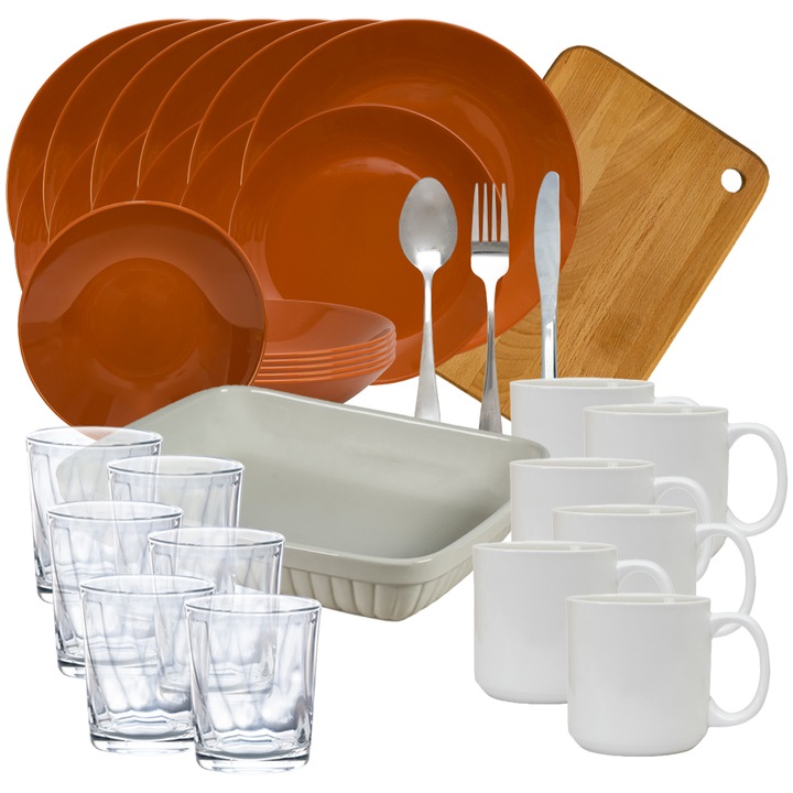 Set complet cu farfurii, Design Elegant, 50 piese, Maro Caramiziu