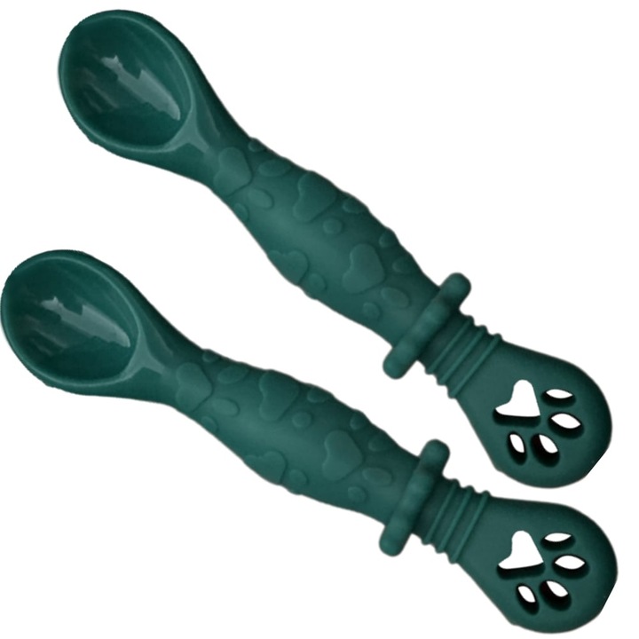 Lingurite Bebelusi pentru Hranire si Diversificare Bebe 4-24 luni, Silicon, 2 capete, Striatii Antialunecare, set 2 buc, Verzi