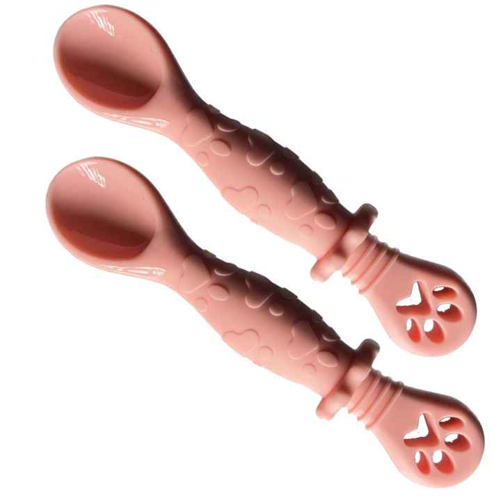 Lingurite Bebelusi pentru Hranire si Diversificare Bebe 4-24 luni, Silicon, 2 capete, Striatii Antialunecare, set 2 buc, Roz
