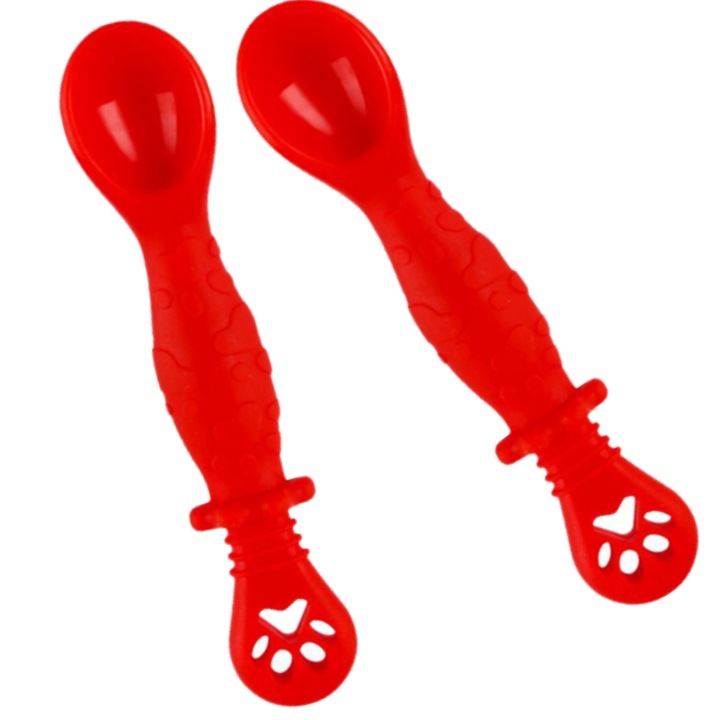 Lingurite Bebelusi pentru Hranire si Diversificare Bebe 4-24 luni, Silicon, 2 capete, Striatii Antialunecare, set 2 buc, Rosii