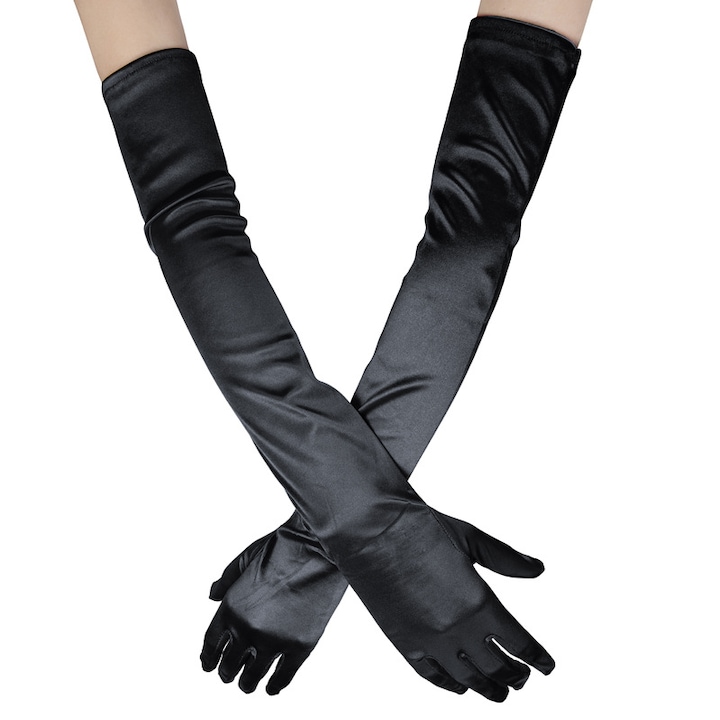 Еластични сатенени ръкавици, Черен, 52CM