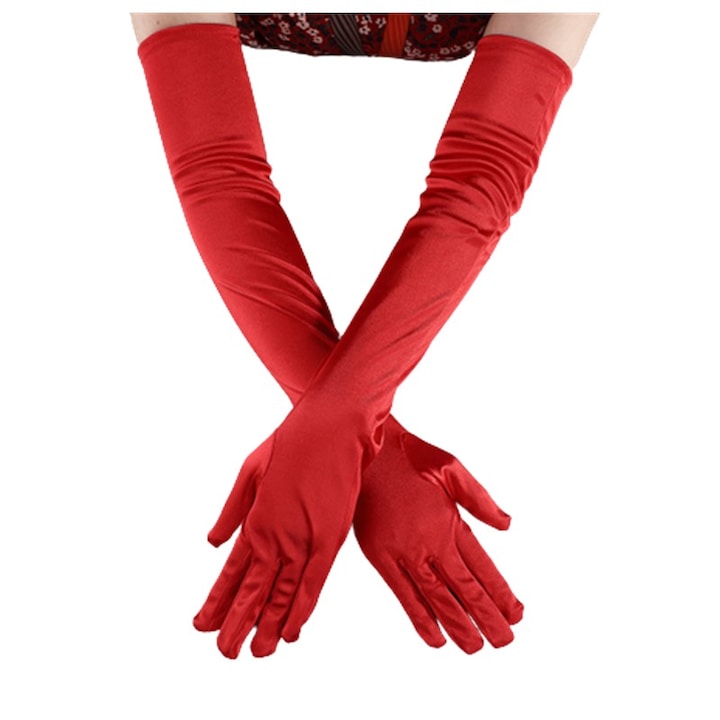 Еластични сатенени ръкавици, Дамски, Бални, Дълги, Червен, 52 см