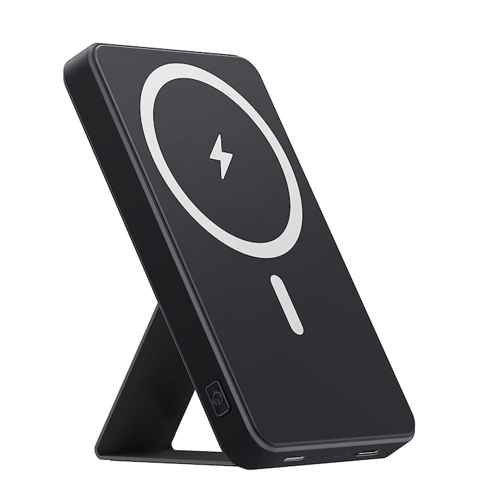 Магнитно безжично зарядно MagSafe, 5000 mAh, Power Bank със сгъваема стойка, външна батерия, съвместима с iPhone 12/13/14 Plus/Mini/Pro/Pro Max, Черен