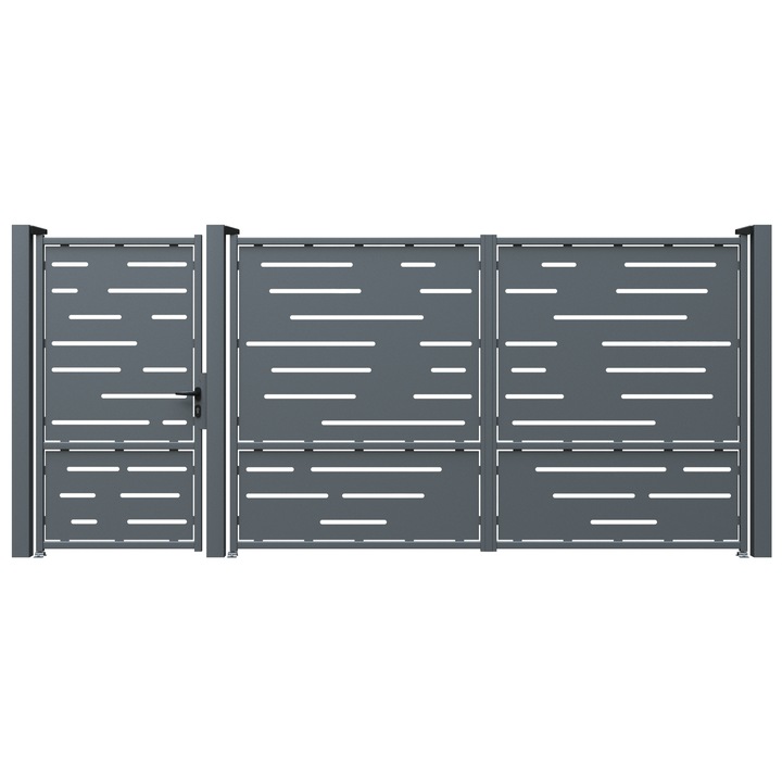 Set poarta auto si pietonala, Todome, Aluminiu 401, negru, 430 x 180 cm, cu accesorii si stalpi