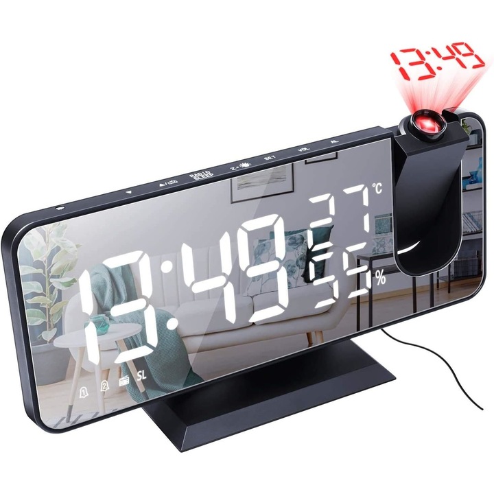 Цифров стенен часовник BYONDSELF, LED дисплей, Радио режим, Ниво на звука 0-15, Две аларми, Дисплей за температура/влажност, Червена HD проекция, Черен