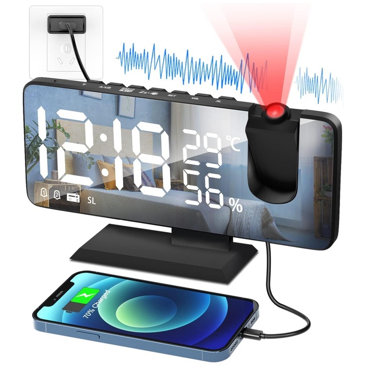 Цифров стенен часовник BYONDSELF, LED дисплей, Радио режим, Ниво на звука 0-15, Две аларми, Дисплей за температура/влажност, Червена HD проекция, Черен