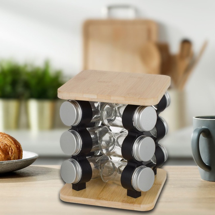 Suport rotativ pentru condimente din lemn cu 12 recipiente din sticla 17.5x17.5x21.5cm