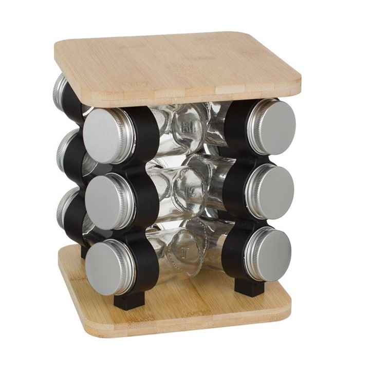 Raft pentru condimente din lemn, rotativ, 12 borcane de sticla, 17,5 x 17,5 x 21,5 cm