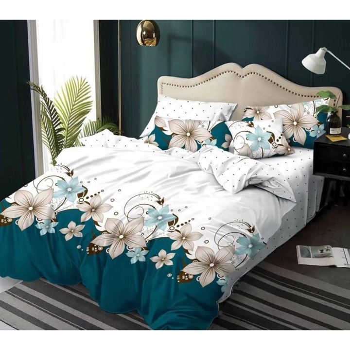 Lenjerie de pat dublu, Pucioasa, Finet, 6 piese, 2 persoane, imprimeu Flori Albe, 245x250cm, Alb-Turcoaz