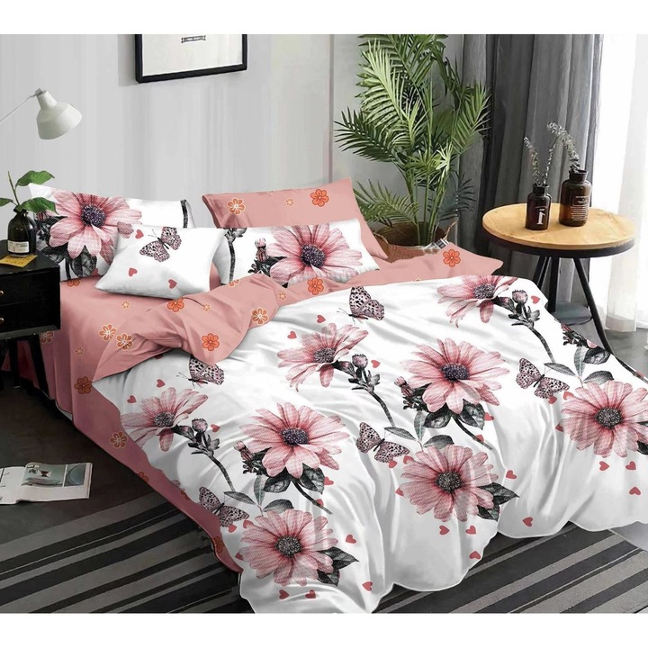 Lenjerie de pat dublu, Pucioasa, Finet, 6 piese, 2 persoane, imprimeu Gerbera, 245x250cm, Alb-Roz