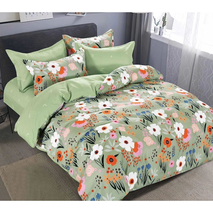 Lenjerie de pat dublu, Pucioasa, Finet, 6 piese, 2 persoane, imprimeu Flori Multicolore, 245x250cm, Verde Ou de Rata