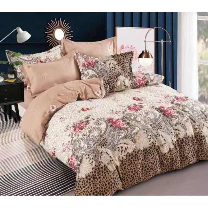 Lenjerie de pat dublu, Pucioasa, Finet, 6 piese, 2 persoane, imprimeu Animal Print si Flori, 245x250cm