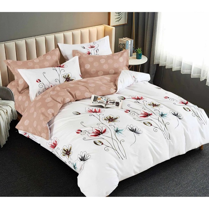 Lenjerie de pat dublu, Pucioasa, Finet, 6 piese, 2 persoane, imprimeu Flowers, 245x250cm, Alb-Bej