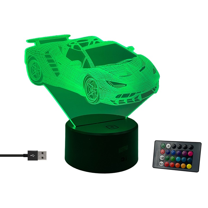 Lampa de birou cu led si jocuri de lumini, 7 culori, alimentare USB si/sau baterii, cu telecomanda, model masina