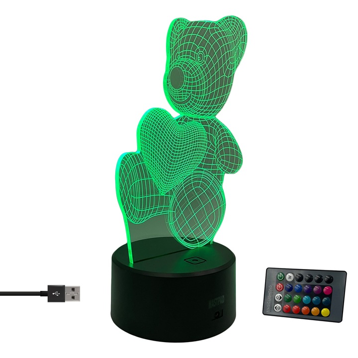 Lampa de birou cu led si jocuri de lumini, 7 culori, alimentare USB si/sau baterii, cu telecomanda, model ursulet