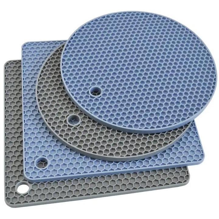 Prémium Senio® szilikon multifunkcionális készlet, hatékony és modern konyhához, 4 darabból áll: asztal/pultvédő támasztékok, hőálló konyhai kesztyűk, tégelynyitó (2 négyzet, 2 kör) - szürke/kék