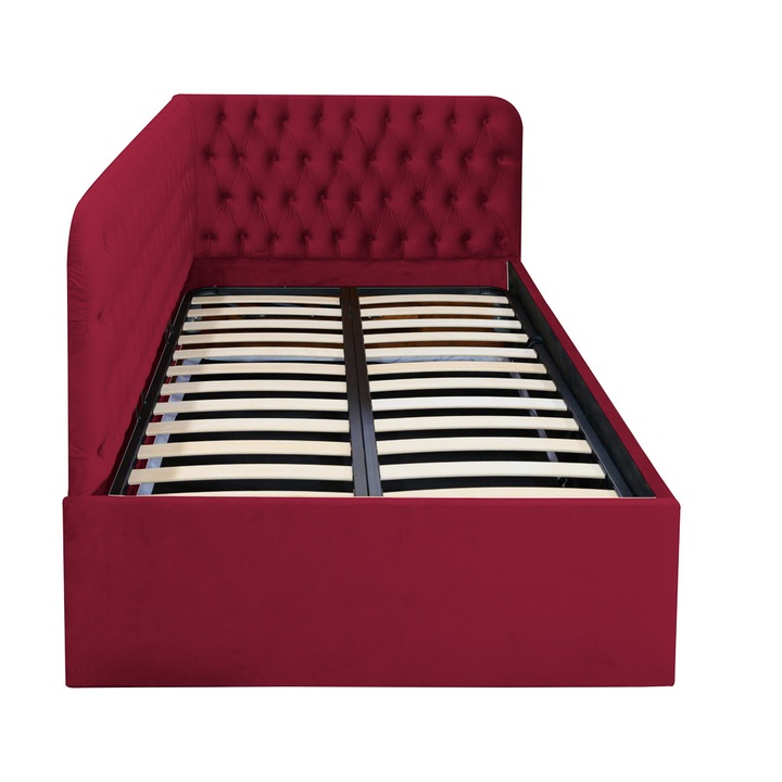 Pat dublu tapitat Disney stanga, cu nasturi 140/200 visiniu, cu somiera metalica rabatabila si spatiu de depozitare