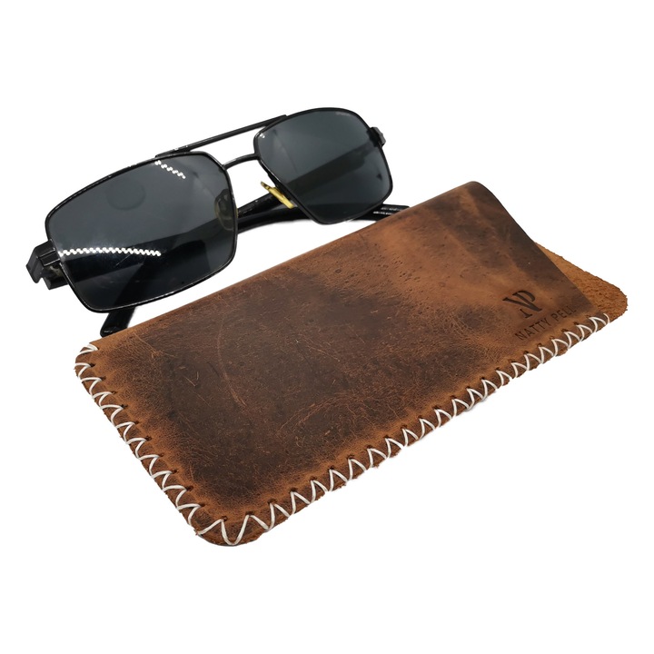 Toc de ochelari Natty Pell din piele naturala, maro cu cusatura in x alba marime M