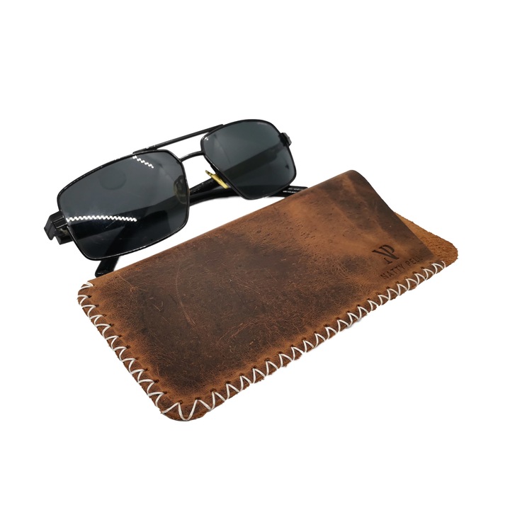 Toc de ochelari Natty Pell din piele naturala, maro cu cusatura in x alba marime L