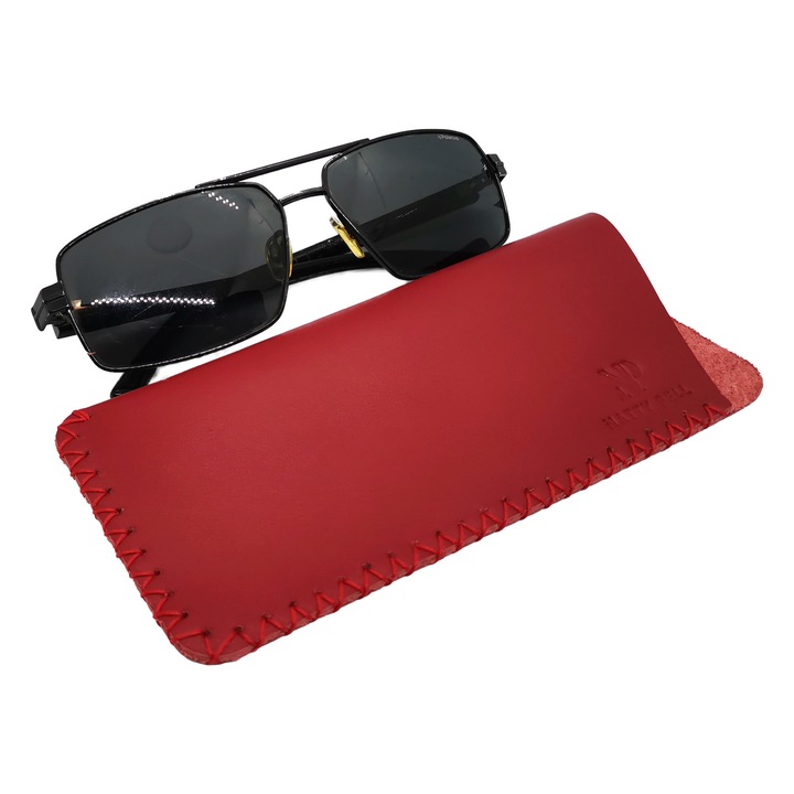 Toc de ochelari Natty Pell din piele naturala, rosu cu cusatura in x rosie marime L