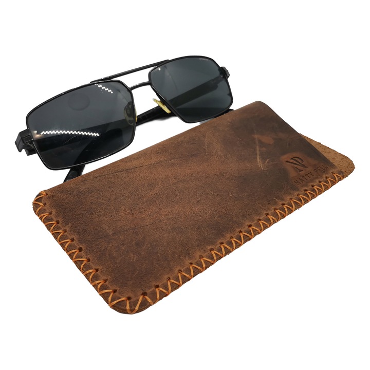 Toc de ochelari Natty Pell din piele naturala, maro cu cusatura in x portocalie marime M