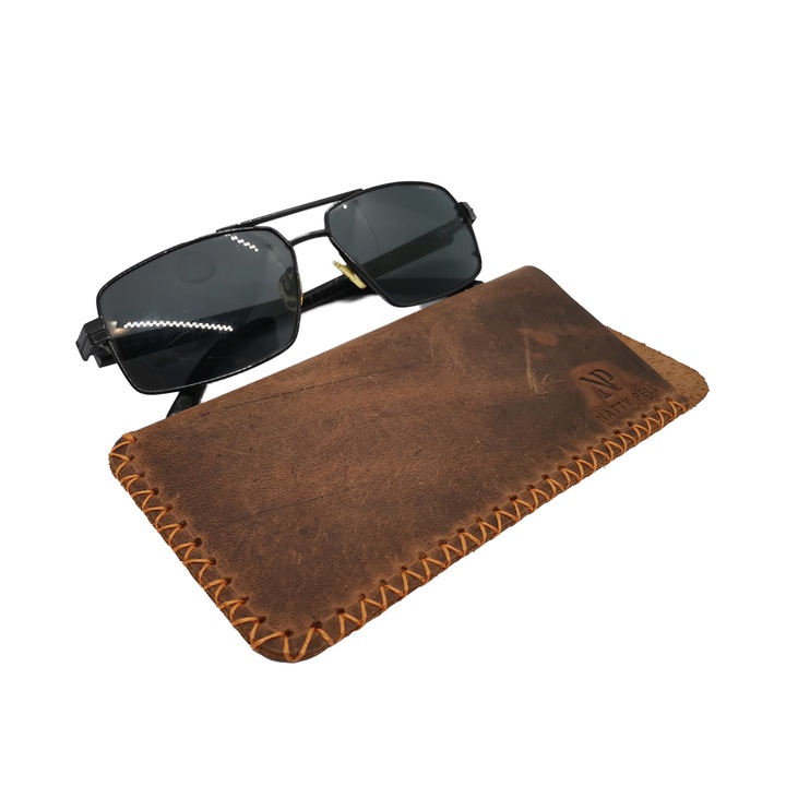 Toc de ochelari Natty Pell din piele naturala, maro cu cusatura in x portocalie marime L