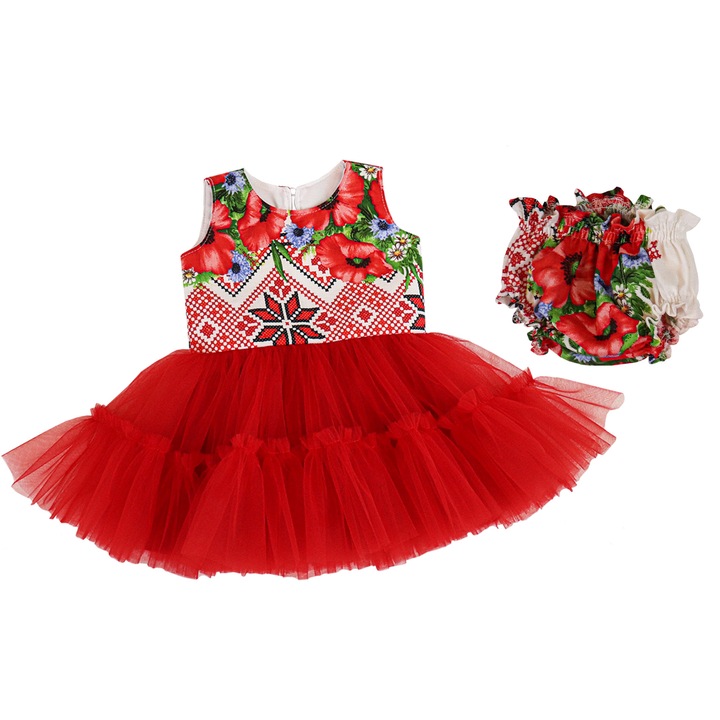 Rochie fete, rosie cu imprimeu traditional