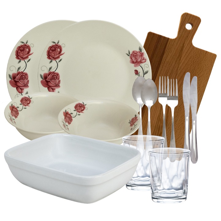 Set complet de masa, Pink Roses, 14 piese, Portelan, Alb lucios cu trandafir roz