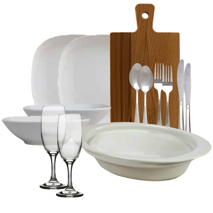 Set complet de masa, White, 14 piese, Portelan, Alb