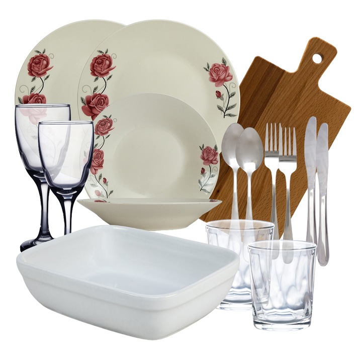 Set complet de masa, Pink Roses, 16 piese, Portelan, Alb cu trandafir roz
