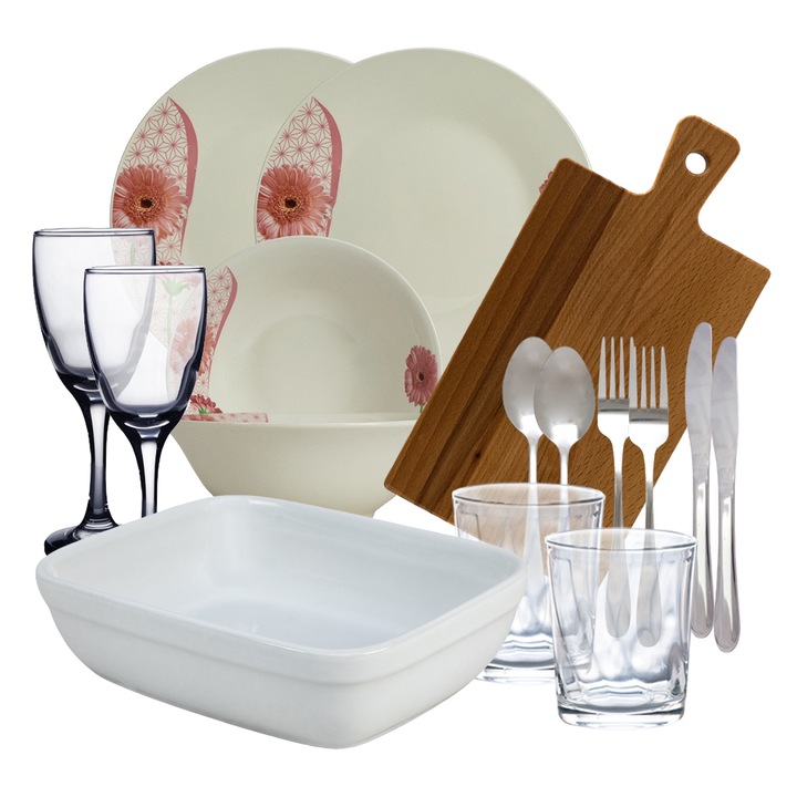 Set complet de masa, Daisy, 16 piese, Portelan, Alb lucios cu margareta