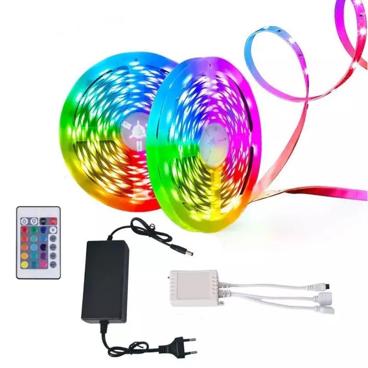 Kit Banda LED 2835 SIKS, Role Albe, Bluetooth, Control Din Telefon, Telecomanda Mica, 10 metri (2X5M), Grad Protectie IP65, Schimbare Culori Pe Ritmul Muzicii, Jocuri de Lumini, Led Strip, Multicolora, Aplicatie