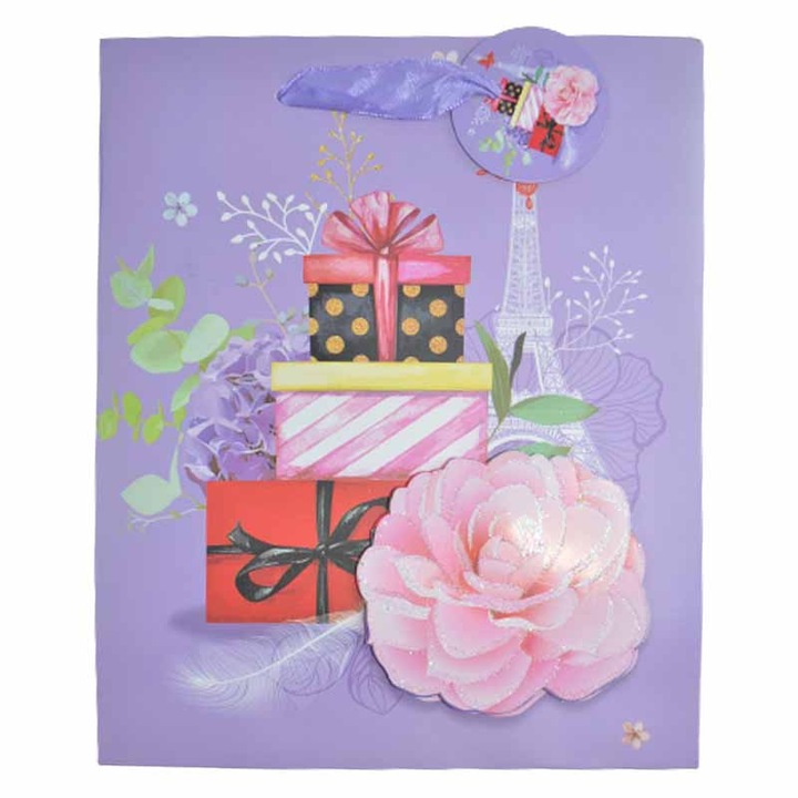 3D Boldog születésnapot vastag papír ajándéktáska húzózsinórral 23 x 19 x 8 cm Midex 511679, lila