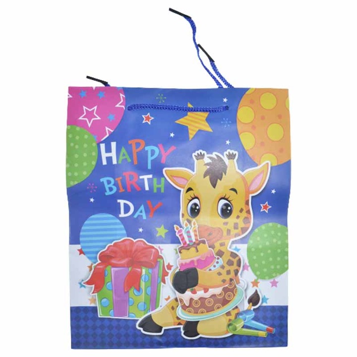 Boldog születésnapot ajándéktáska vékony papírból húzózsinóros fogantyúval 21 x 18 x 8 cm Midex 511679-3, Többszínű
