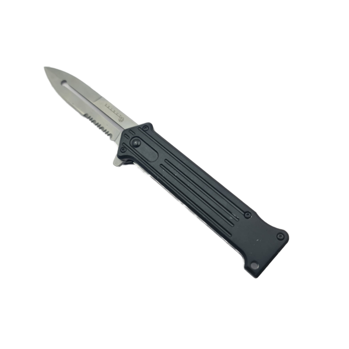 Cutit cu Deschidere Manuala, Sistem Inchidere, Lama Zimtata, Agatatoare, Otel, Prindere Curea, 21 cm, Negru, Dalimag