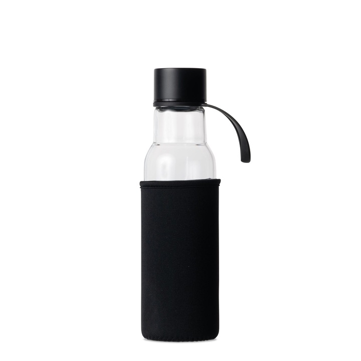 Bidon pentru apa, Sagaform To Go, borosilicat, cu husa neopren, 0,6l, 7x26cm, negru