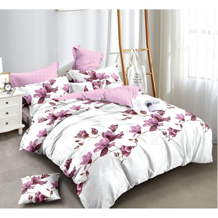 Lenjerie de pat dublu, Pucioasa, Finet, 6 piese, 2 persoane, imprimeu Magnolie, 245x250cm, Alb-Lila