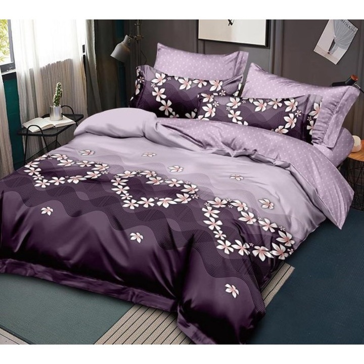 Lenjerie de pat dublu, Pucioasa, Finet, 6 piese, 2 persoane, imprimeu Inimi si Flori, 245x250cm, Lila-Mov