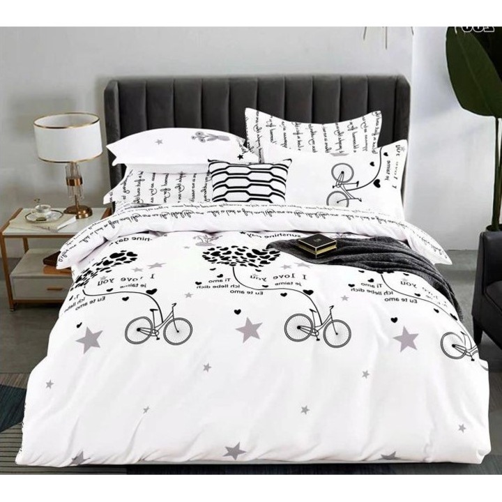 Lenjerie de pat dublu, Pucioasa, Finet, 6 piese, 2 persoane, imprimeu Love Bicolor, 245x250cm, Alb-Negru