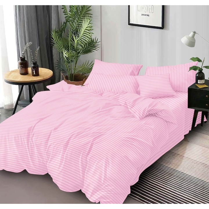 Lenjerie de pat dublu, Pucioasa, Damasc, 6 piese, 2 persoane, Uni, 245x250cm, Roz