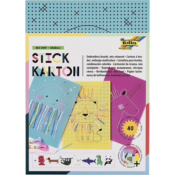 Kit broderie pe cartoane colorate perforate si imprimate cu animale, Folia