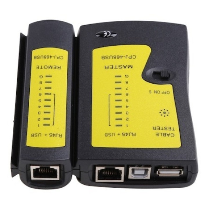 UTP teszter internet hálózati kábelhez, RJ45, RJ11, USB A, USB B, védőtáska és akkumulátor, fekete