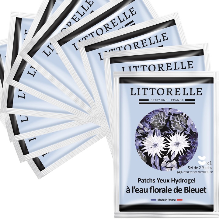 10 x 2 db hidrogél szemmaszk készlet, Littorelle, kék és boszorkány mogyoróval, sötét karikák elleni, táskák elleni