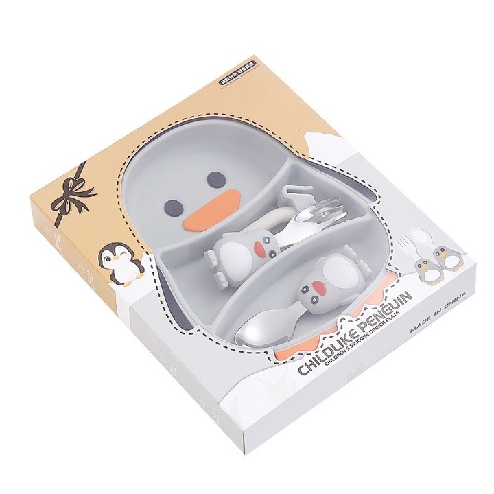 Комплект за захранване на бебета Flippy, Изработен от силикон, 1 чиния с разделения във формата на пингвин 23,5 х 12,5 см, Лъжица и вилица, Сламка, Четка за сламки, Без алергени, Фиксираща вендуза, Сив